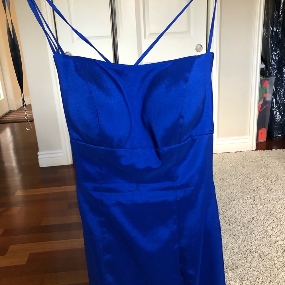 Blue lace up prom dress